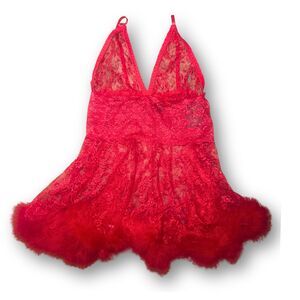 Red Floral Lace Size L Feathered Fairycore Coquette Dollette Babydoll Mini Dress